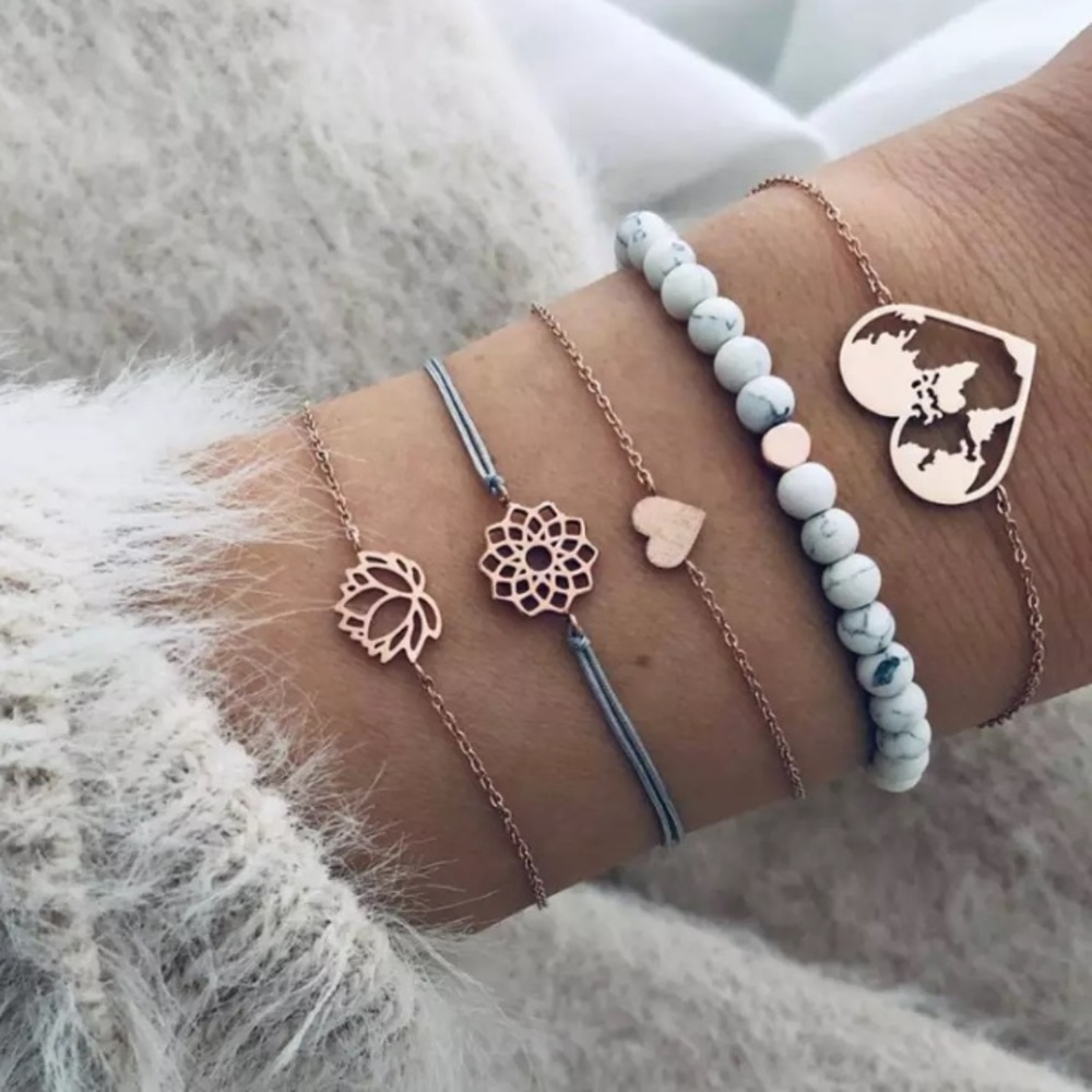 🎉 New Boho Heart & Lotus Set of 5 Bracelets